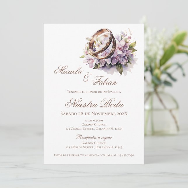 Convites Casamento Floral Boho Espanhol com anel (Em pé/Frente)