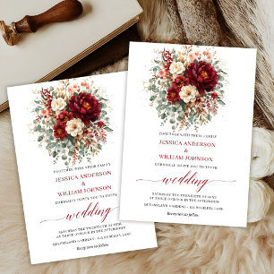 Convites Casamento Floral Boho Eucalipto Vermelho Profundo