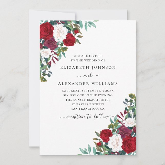 Convites Casamento floral Boho. Flores elegantes vermelhas  (Frente)