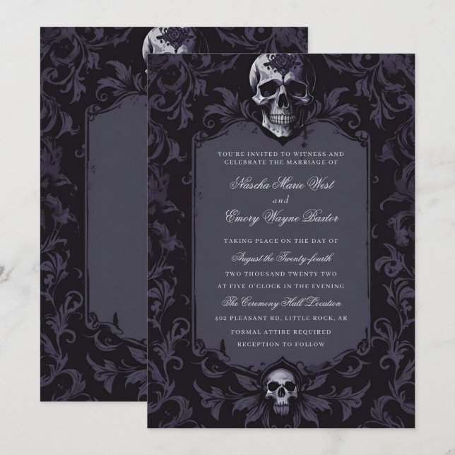 Convites Casamento Floral Boho Gótico Roxo Escuro Caveira (Frente/Verso)