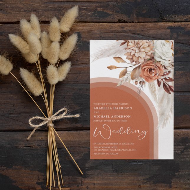 Convites Casamento Floral Boho Laranja Queimado & Grama Pam (Criador carregado)