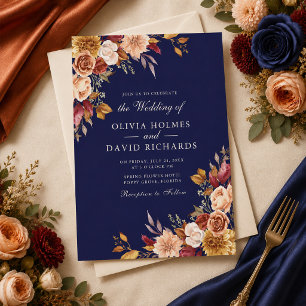Convites Casamento Floral Boho Meia-Noite Azul Laranja Quei