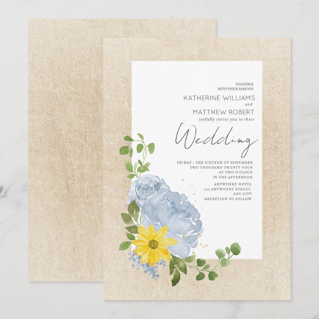 Convites Casamento Floral Boho Moderno de Girassol Azul Emp (Frente/Verso)