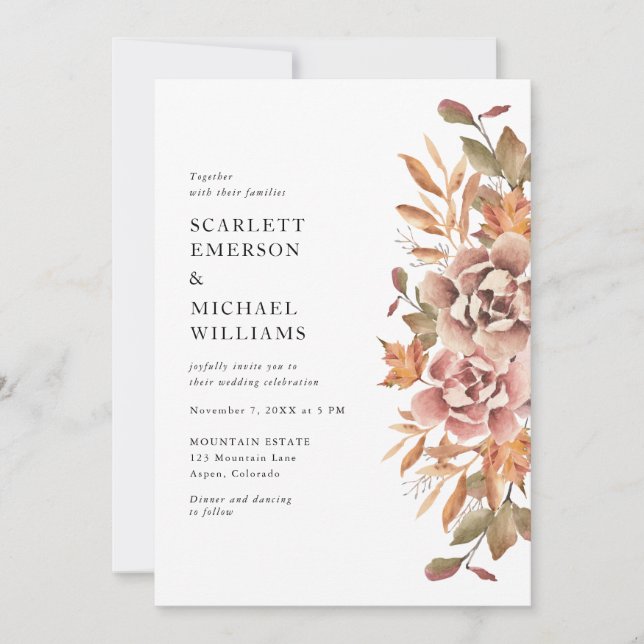 Convites Casamento Floral Boho Moderno de Outono (Frente)