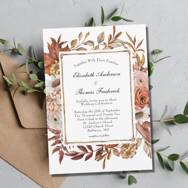 Convites Casamento Floral Boho Moderno Terracota Outono (Criador carregado)