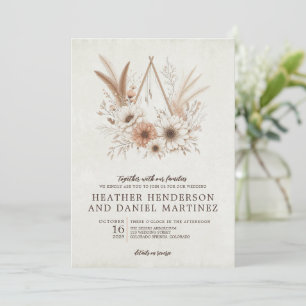 Convites Casamento Floral Boho Neutro com Código QR e Detal