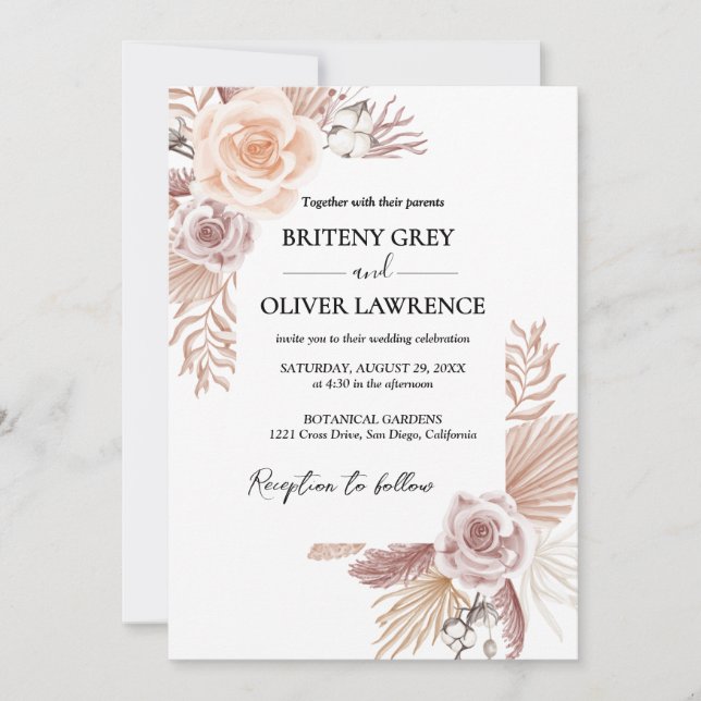 Convites Casamento Floral Boho Neutro Rústico (Frente)