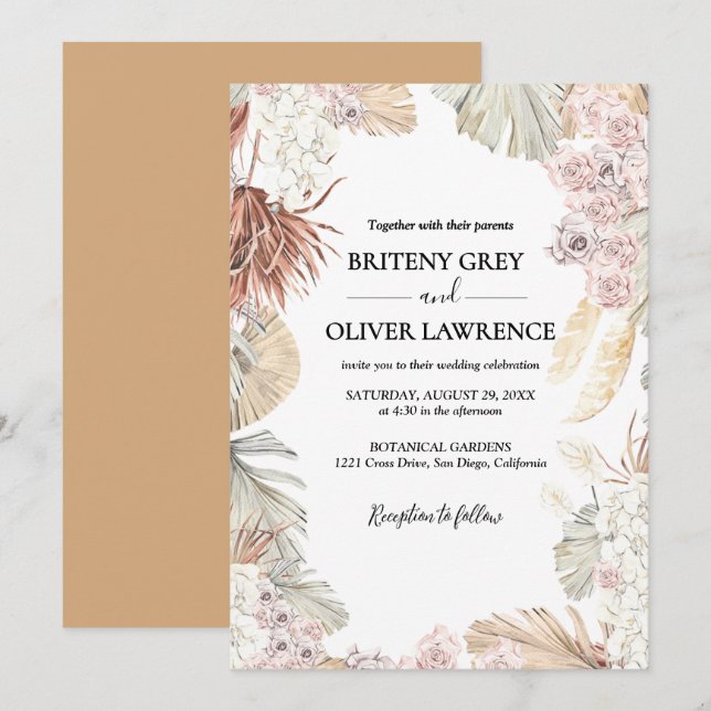 Convites Casamento Floral Boho Neutro Rústico (Frente/Verso)