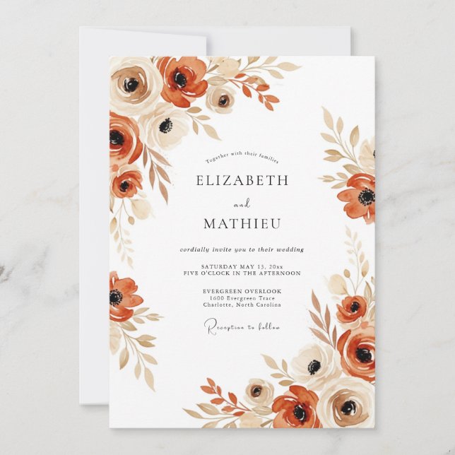 Convites Casamento Floral Boho Outonal em Terracota (Frente)