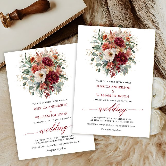 Convites Casamento Floral Boho Outono Eucalipto Marrom Escu (Autumn Maroon Floral Boho Eucalyptus Wedding Invitation

)