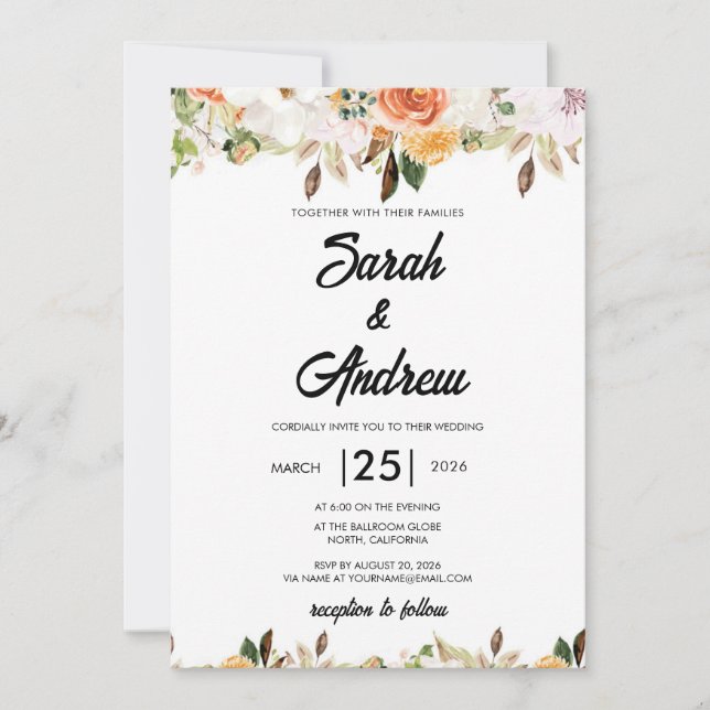 Convites Casamento Floral Boho Outono Terracota (Frente)