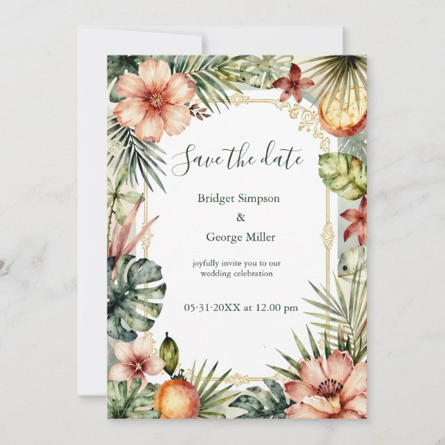 Convites Casamento floral boho palmeiras Havaí Tropical  (Frente)