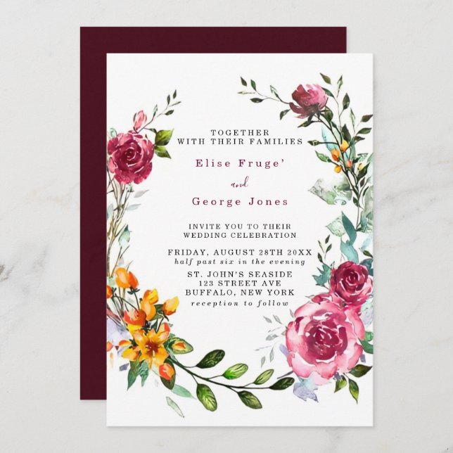 Convites Casamento Floral Boho Pink e Burgundy (Frente/Verso)