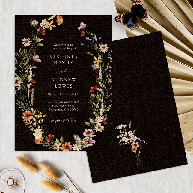 Convites Casamento Floral Boho Preto (Black Boho Watercolor Floral Wedding Invitation by Painted Paperie
)