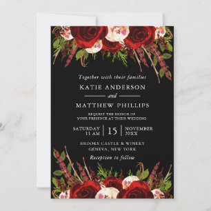 Convites Casamento Floral Boho Preto Borgonha