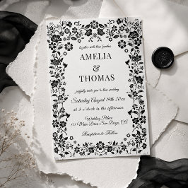 Convites Casamento Floral Boho Preto e Branco 