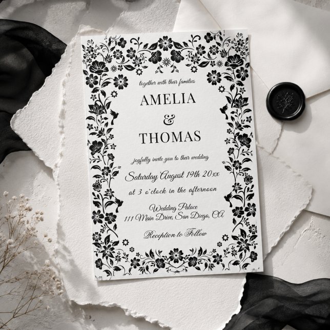 Convites Casamento Floral Boho Preto e Branco  (Criador carregado)
