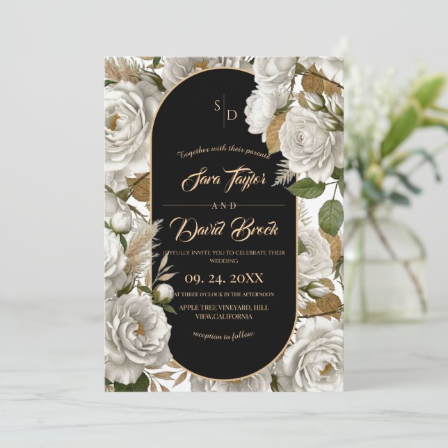 Convites Casamento Floral Boho Rosa Branca Elegante (Em pé/Frente)