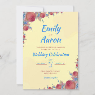 Convites Casamento Floral Boho Rosa Coral Amarelo em Aquare