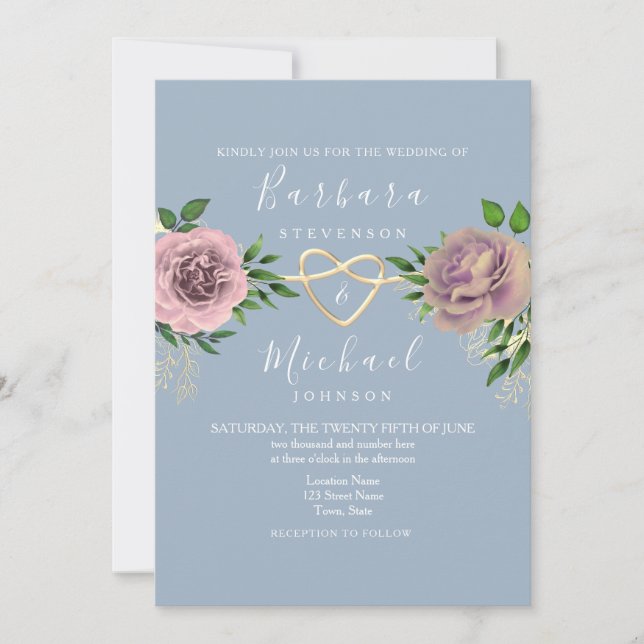 Convites Casamento Floral Boho Rosa e Azul Poeira (Frente)