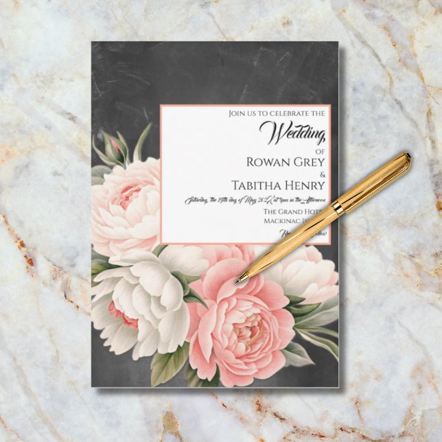 Convites Casamento Floral Boho Rosa em Quadro Negro Vintage (Criador carregado)
