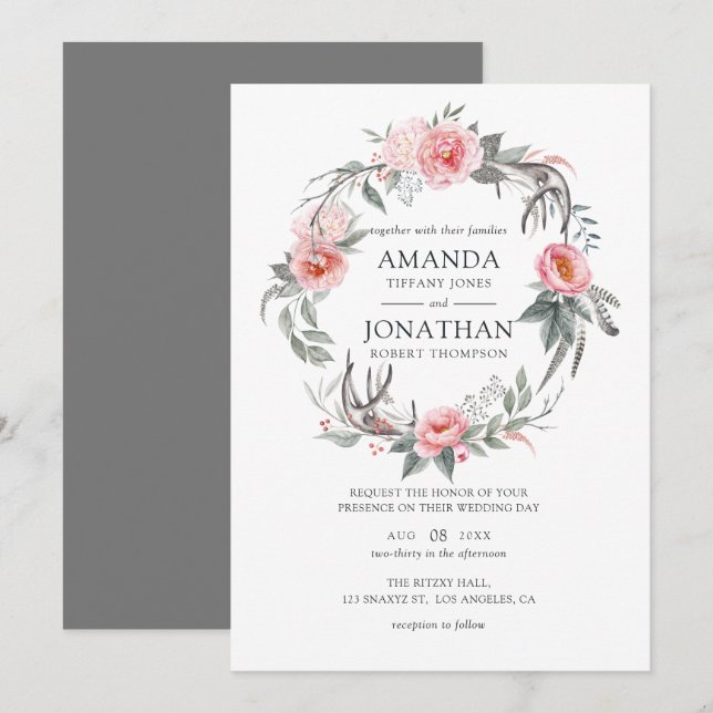 Convites Casamento Floral Boho Rosa Pastel e Cinza (Frente/Verso)