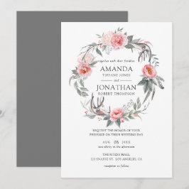 Convites Casamento Floral Boho Rosa Pastel e Cinza