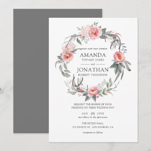Convites Casamento Floral Boho Rosa Pastel e Cinza