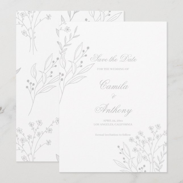 Convites Casamento Floral Boho Silver Corner (Frente/Verso)