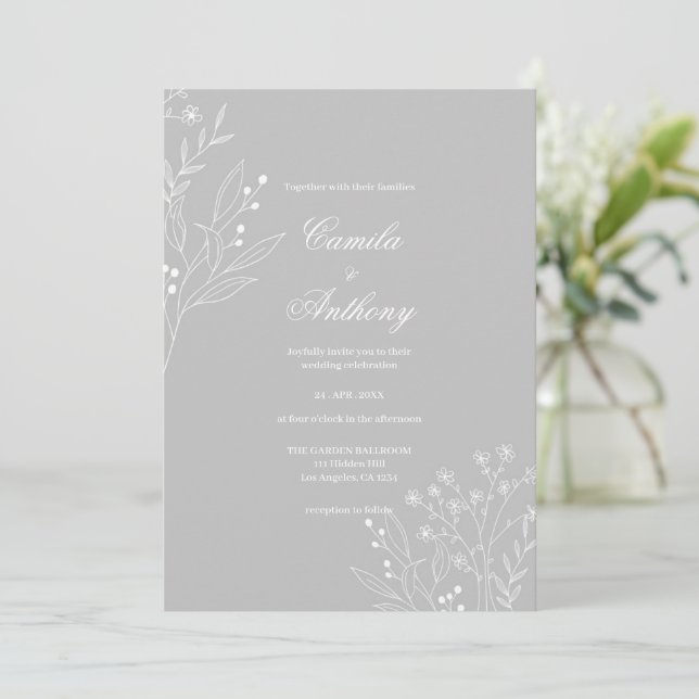 Convites Casamento Floral Boho Silver White Corner (Em pé/Frente)