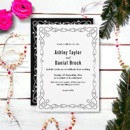 Convites Casamento Floral Boho Simples Preto e Branco Moder
