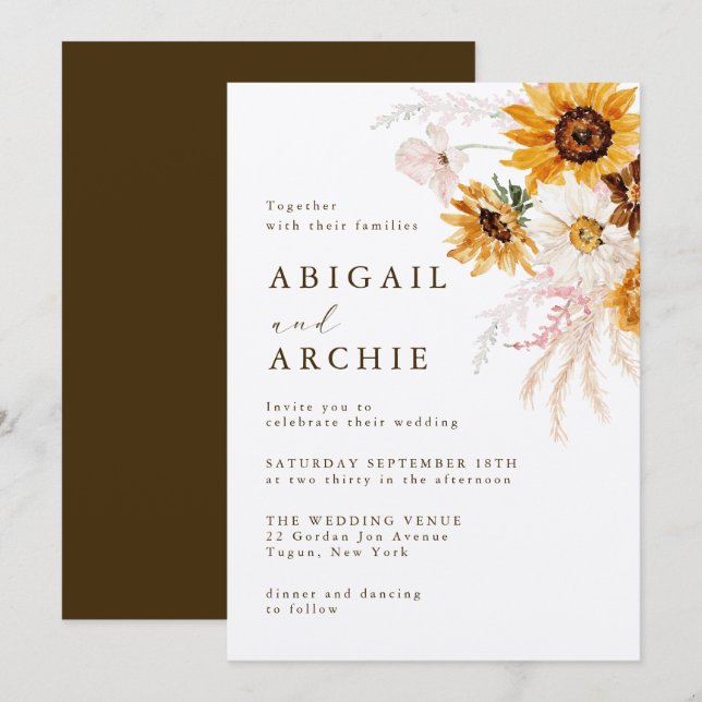 Convites Casamento Floral Boho Sunshine (Frente/Verso)