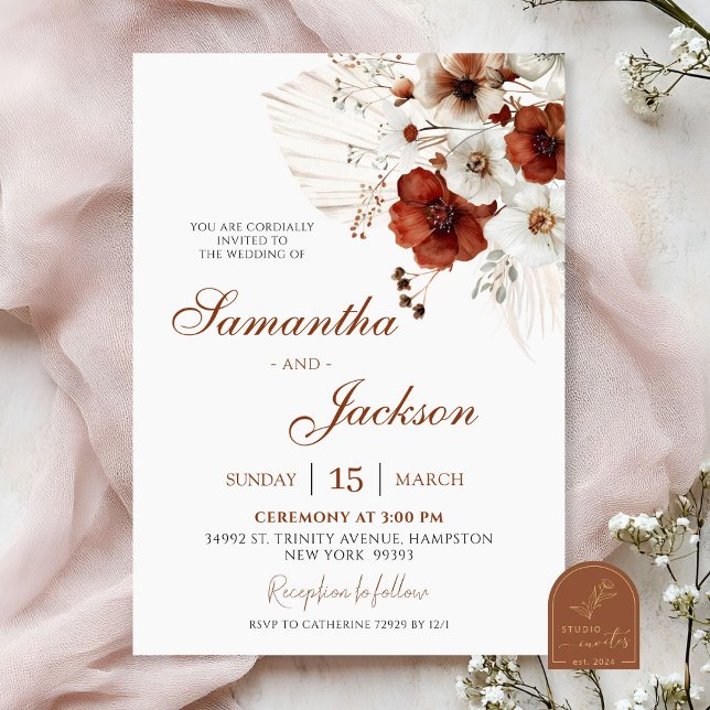 Convites Casamento Floral Boho Teracota (Criador carregado)