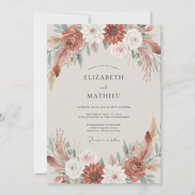 Convites Casamento Floral Boho Terracota (Frente)
