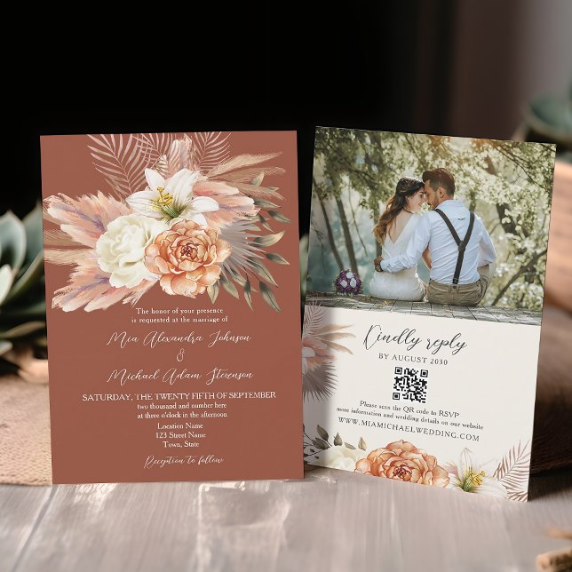 Convites Casamento Floral Boho Terracota Código QR (Criador carregado)