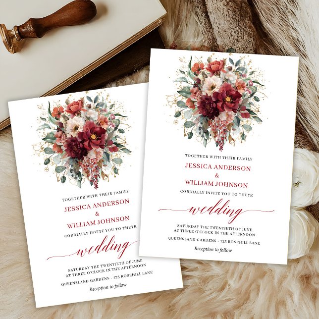 Convites Casamento Floral Boho Vermelho Intenso Outono Euca (Deep Red Boho Floral Fall Eucalyptus Wedding Invite

)