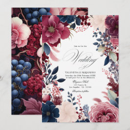 Convites Casamento Floral Boho Vinho Borgonha, Azul Marinho