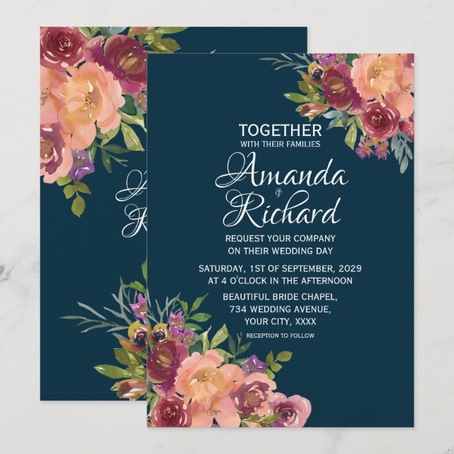 Convites Casamento Floral Bonito Azul Naval de Outono (Frente/Verso)