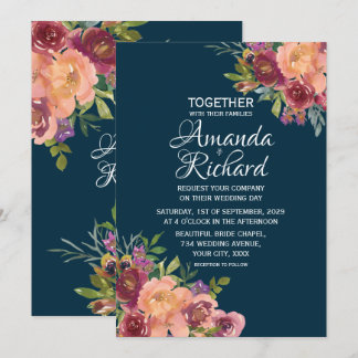 Convites Casamento Floral Bonito Azul Naval de Outono