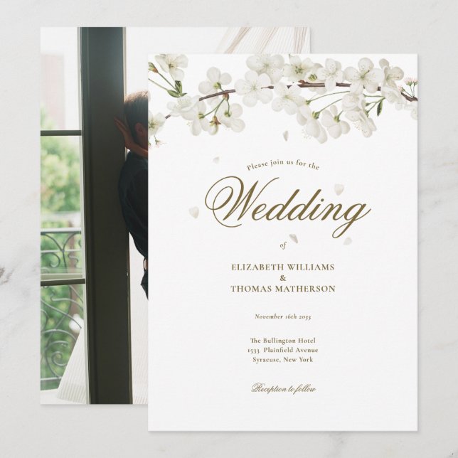 Convites Casamento Floral Bonito Branco Flor Foto (Frente/Verso)