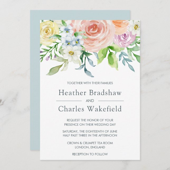 Convites Casamento Floral bonito Pastel Watercolor (Frente/Verso)