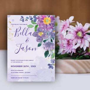 Convites Casamento Floral bonito Púrpura Azul De Cor Azul
