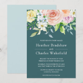 Convites Casamento Floral bonito Teal Watercolor