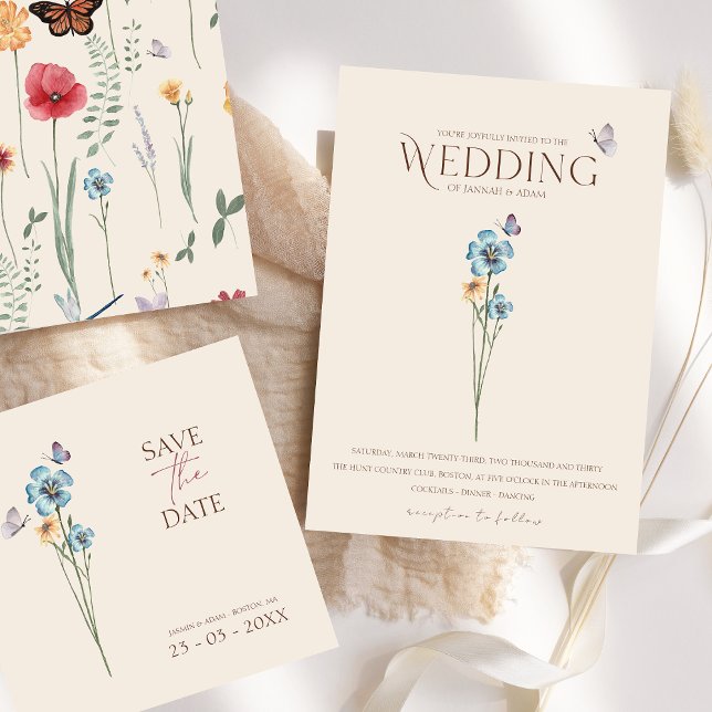 Convites Casamento Floral Borboleta Flor Silvestre Azul Sim (Simple Blue Wildflower Butterflies Floral Wedding Invitation)