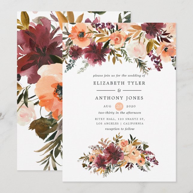 Convites Casamento Floral Bordo em Aquarela (Frente/Verso)