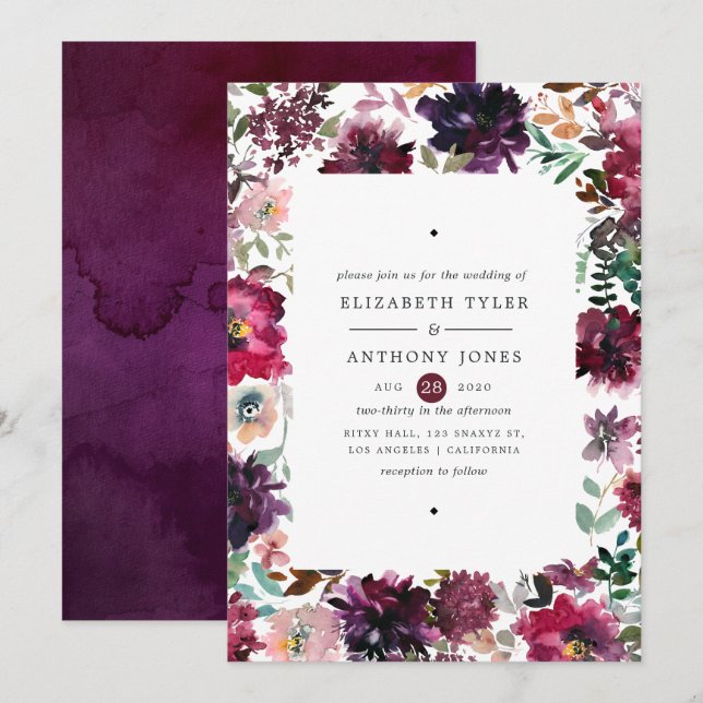 Convites Casamento Floral Bordo Violet Plum Watercolor (Frente/Verso)