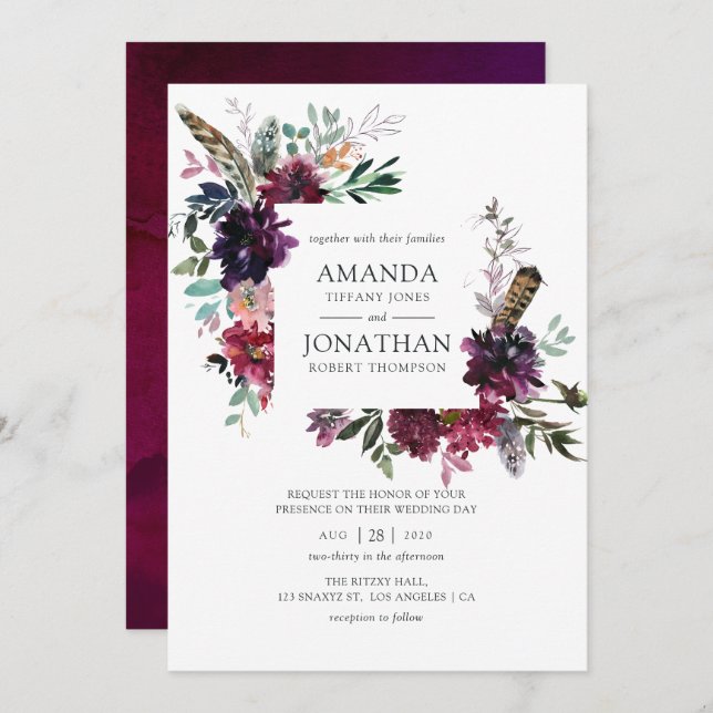 Convites Casamento Floral Bordo Violet Plum Watercolor (Frente/Verso)