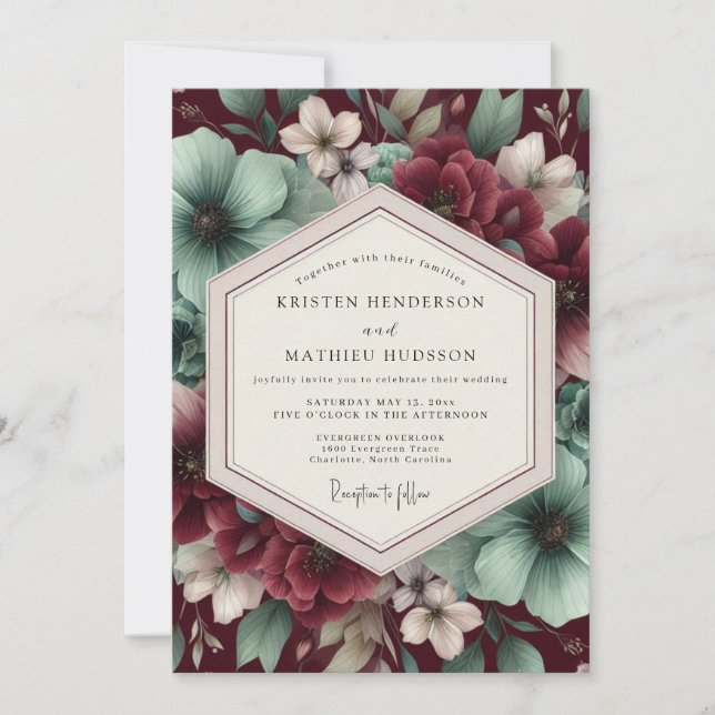 Convites Casamento Floral Borgonha (Frente)