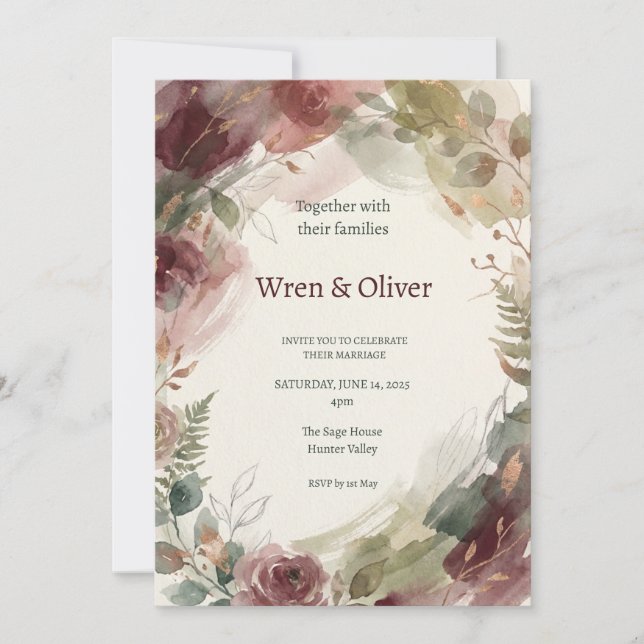 Convites Casamento Floral Borgonha (Frente)