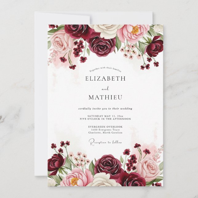 Convites Casamento Floral Borgonha (Frente)